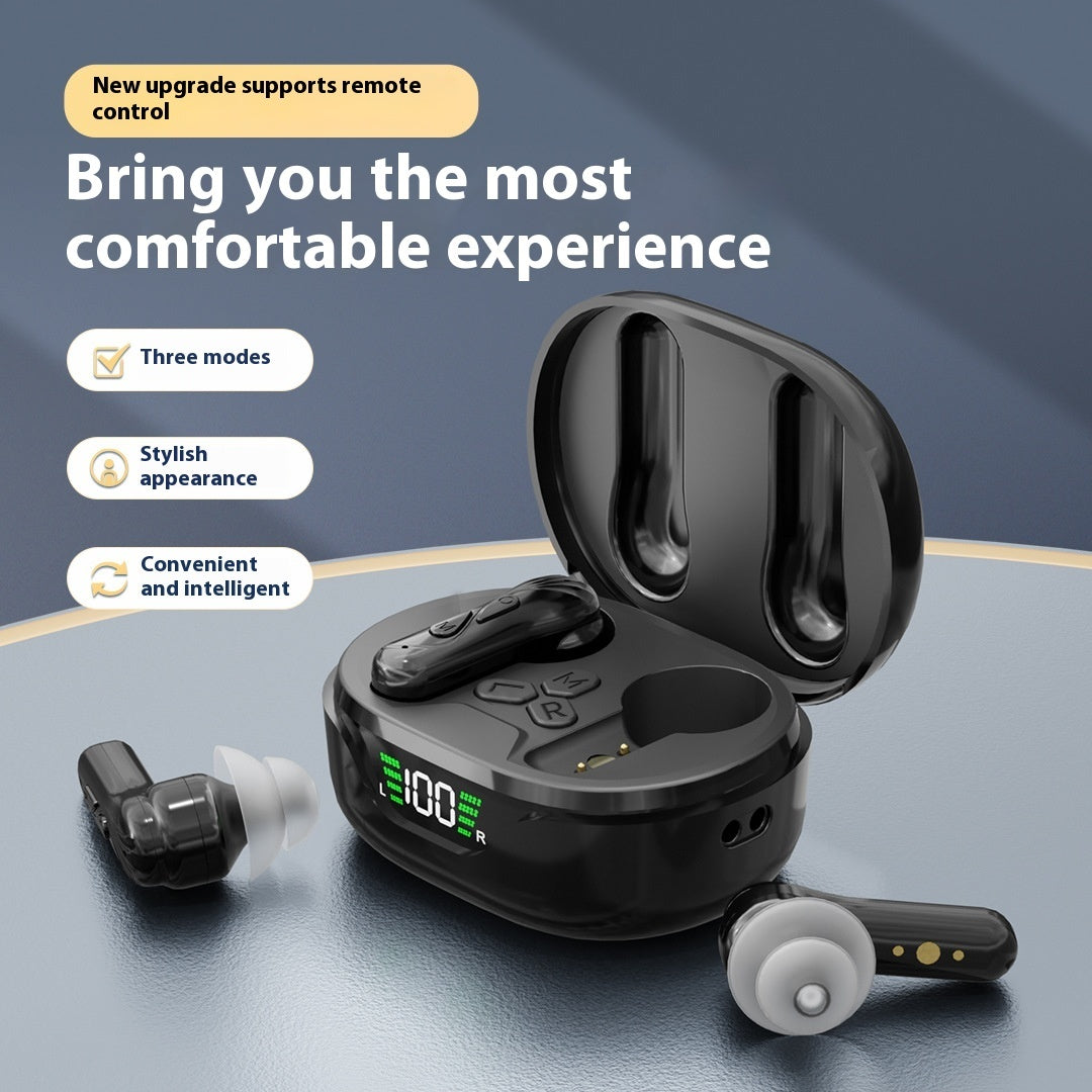 Black wireless earbuds with charging case on a gray background, featuring text about comfort and features.