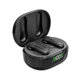 Black wireless earbuds with charging case on a white background