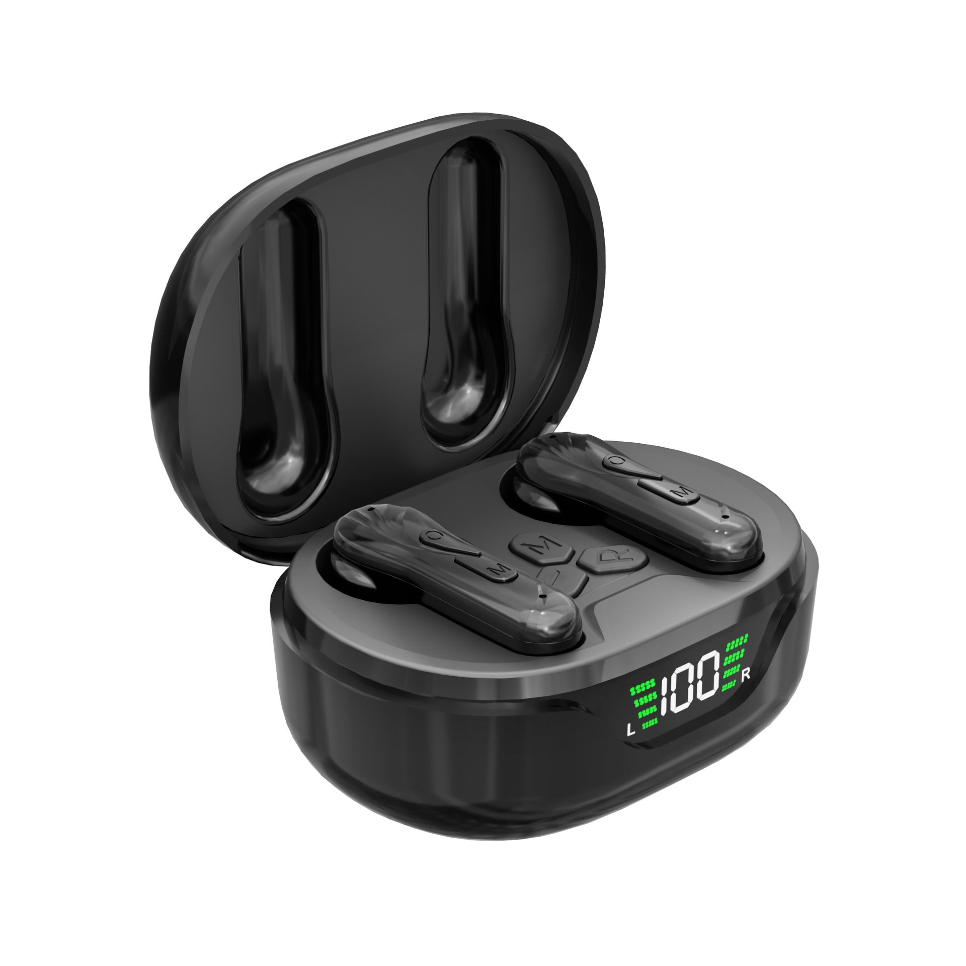 Black wireless earbuds with charging case on a white background