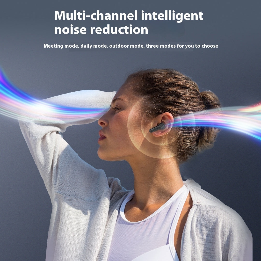 Woman wearing wireless earbuds with text about multi-channel intelligent noise reduction.