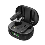 Black wireless earbuds with charging case on a white background