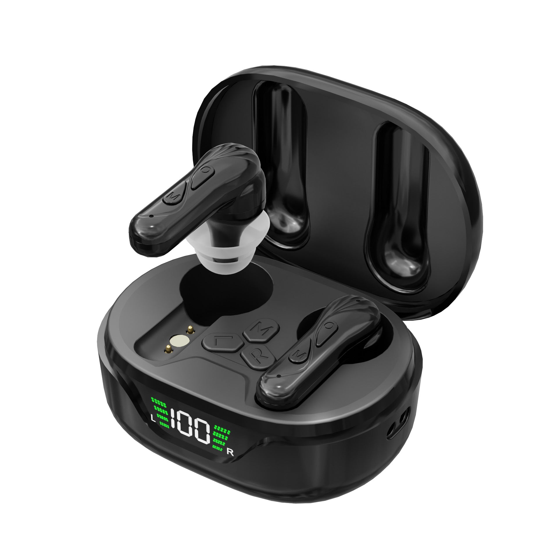 Black wireless earbuds with charging case on a white background