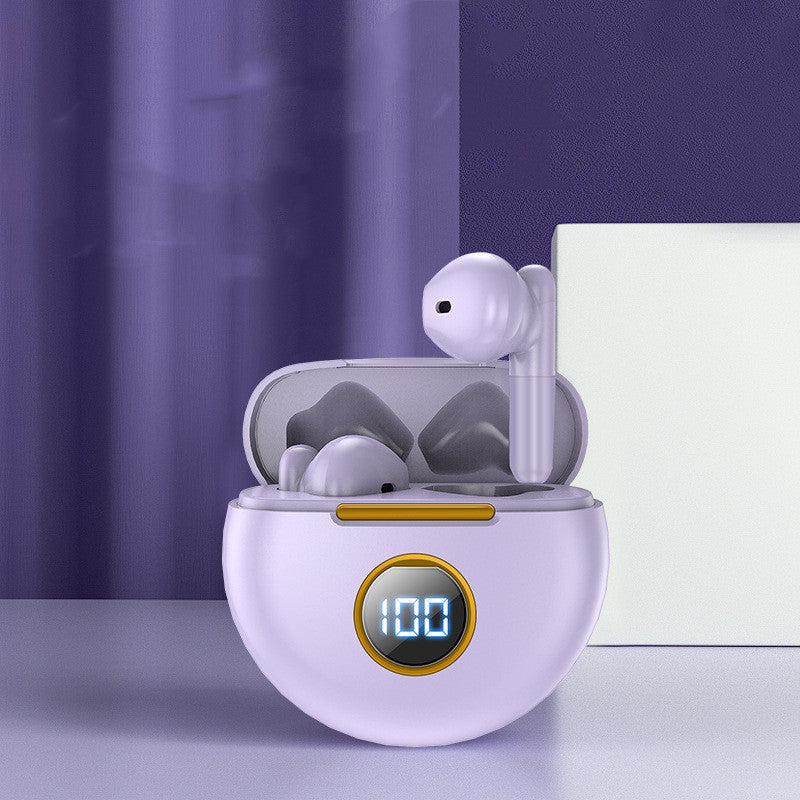 White wireless earbuds in a charging case with a digital display on a purple background