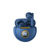 Blue wireless earbuds with charging case on a white background