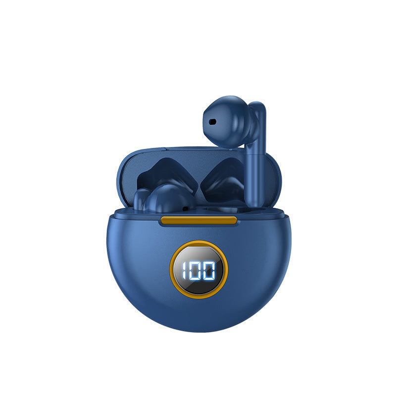 Blue wireless earbuds with charging case on a white background