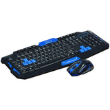 Black and blue keyboard and mouse set on a white background
