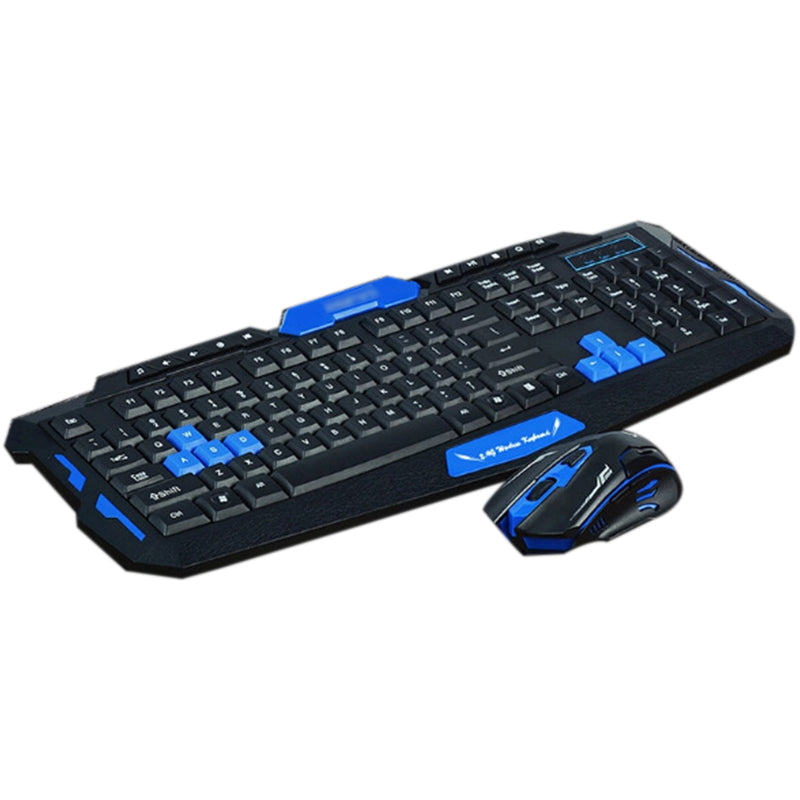 Black and blue keyboard and mouse set on a white background