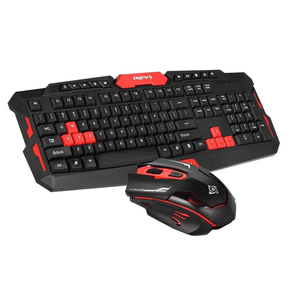 Black and red gaming keyboard and mouse set on a white background