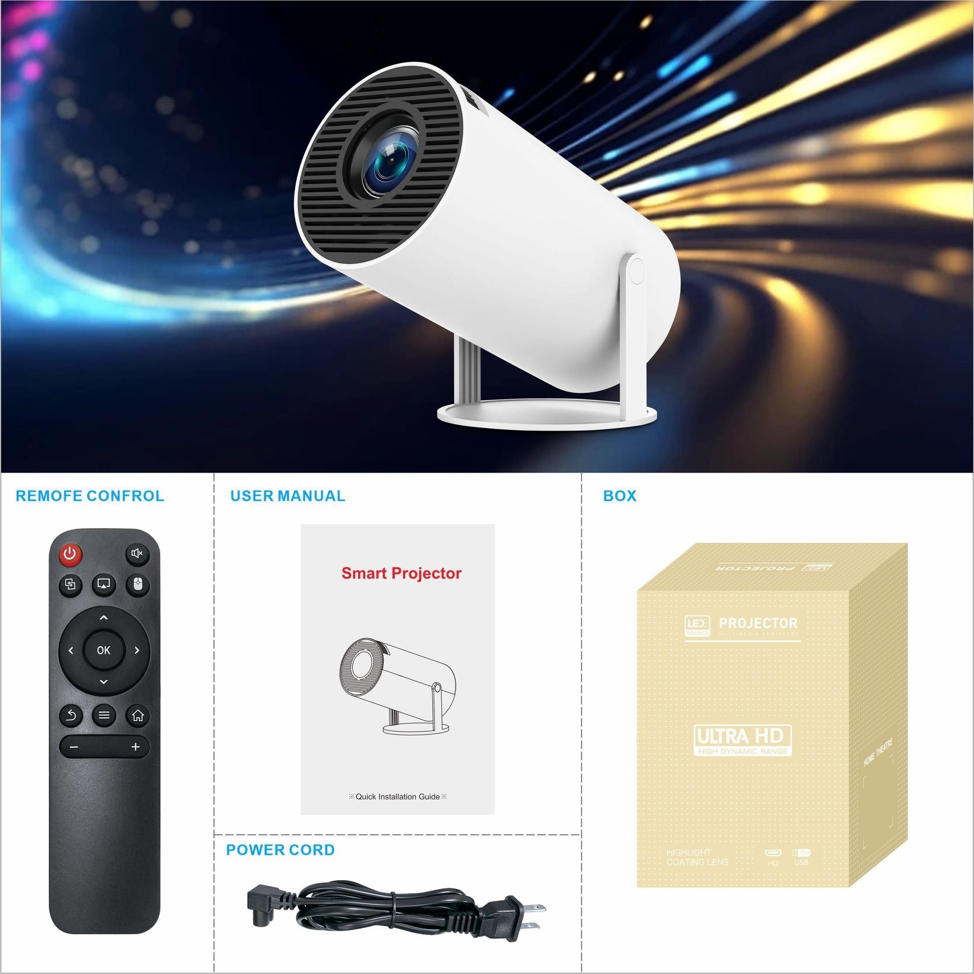 White smart camera with remote control, user manual, power cord, and packaging on a dynamic background