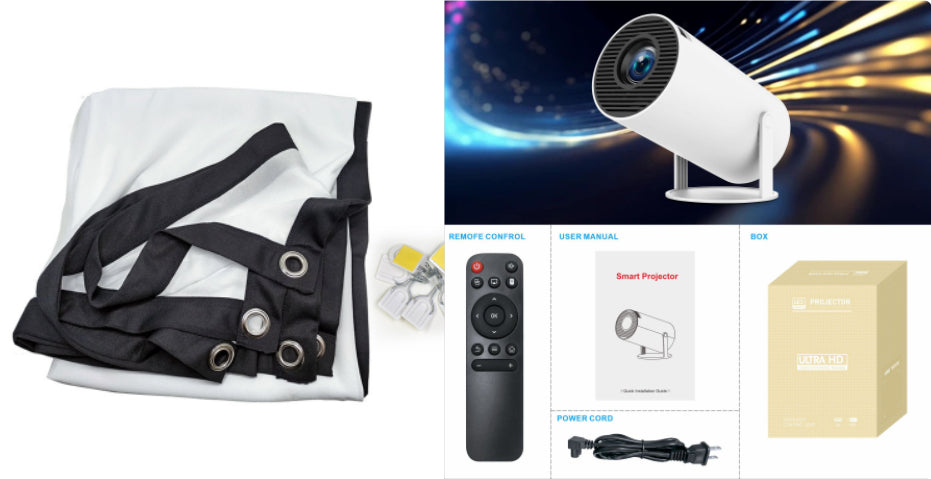 Collage of a projector, remote control, cable, and packaging on a white background.
