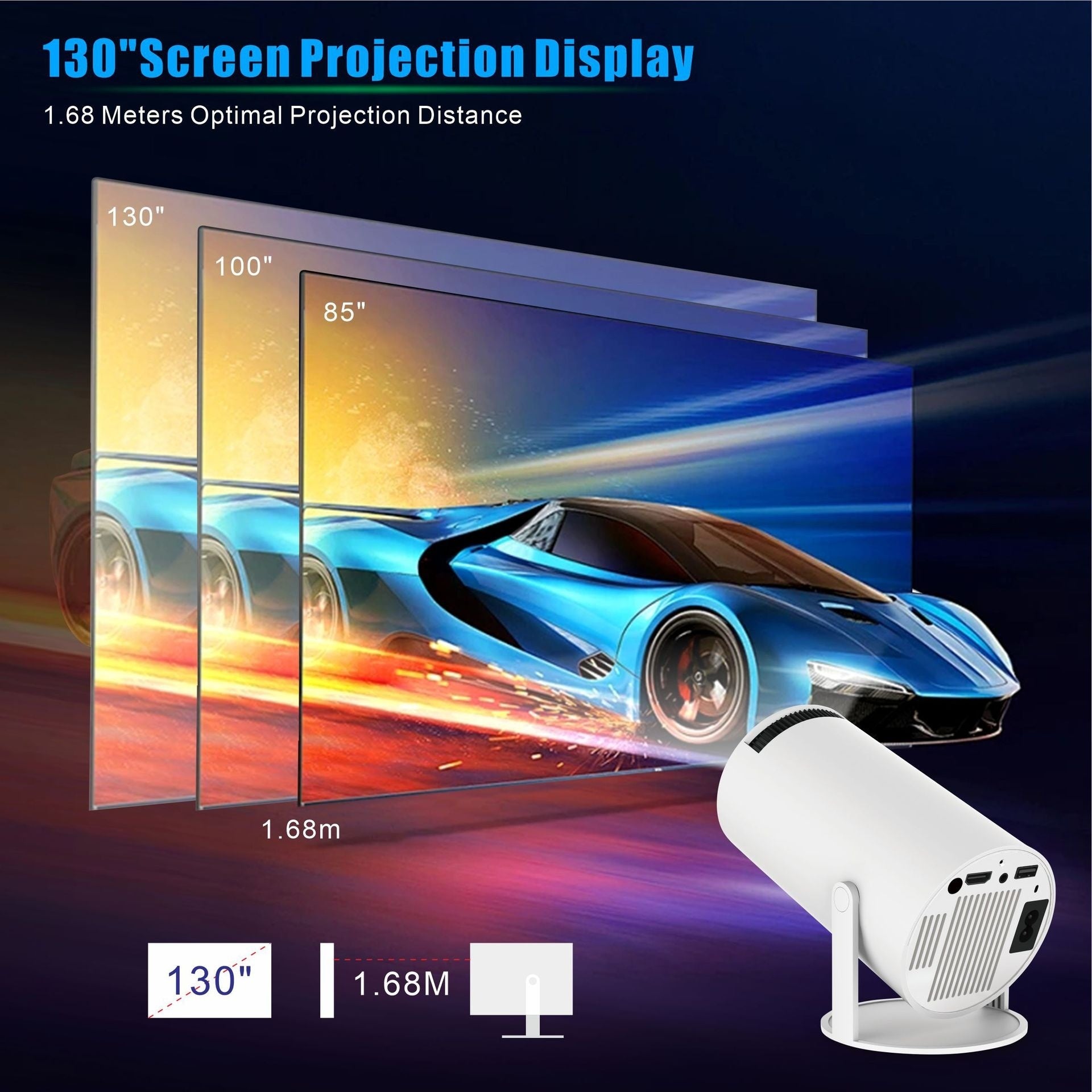 Projector displaying a car on a screen with specifications highlighted