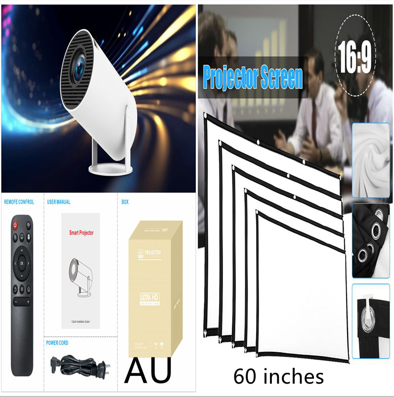 Collage of a smart projector, remote control, packaging, and a 100-inch projector screen.
