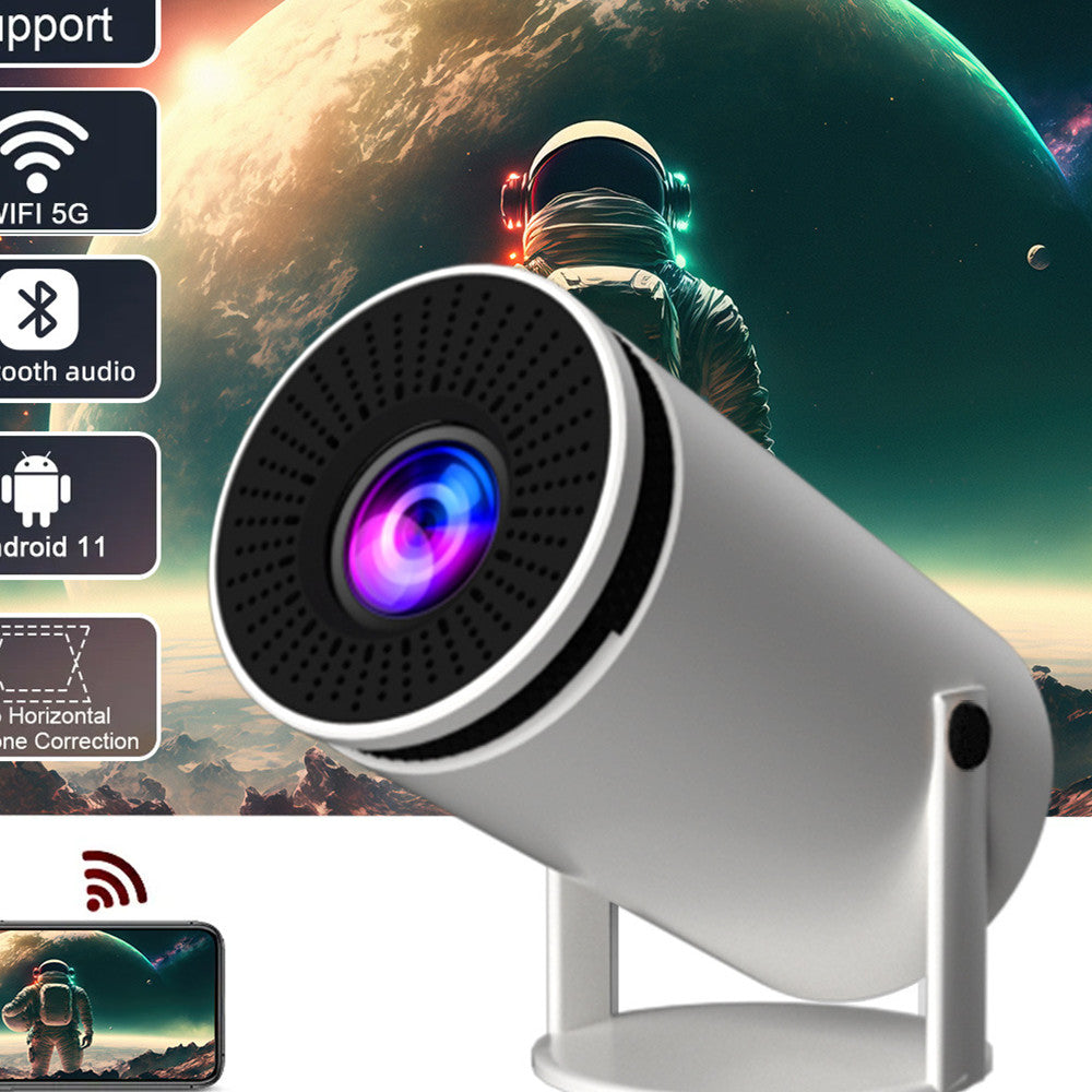 White projector with space-themed background featuring an astronaut and technological icons.