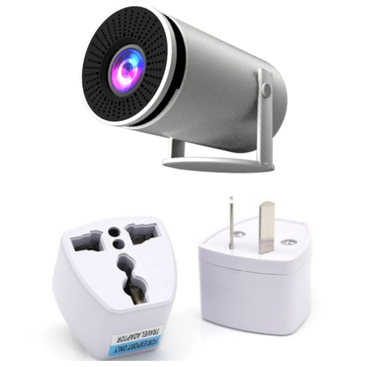 Smart home device with a lens-like component and two electrical plugs on a white background