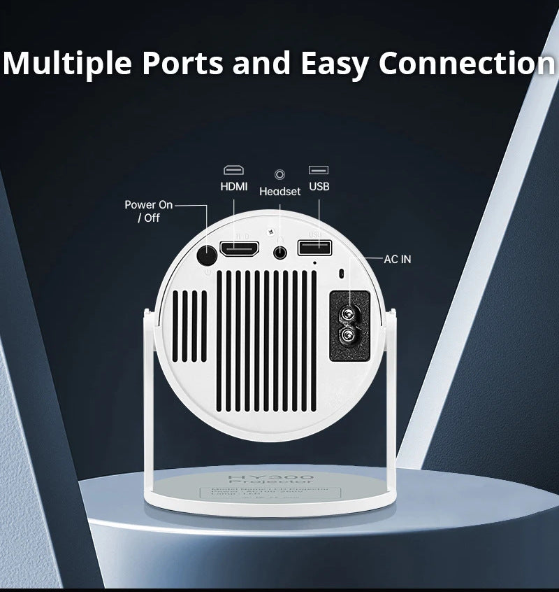 White electronic device with ports labeled on a dark background