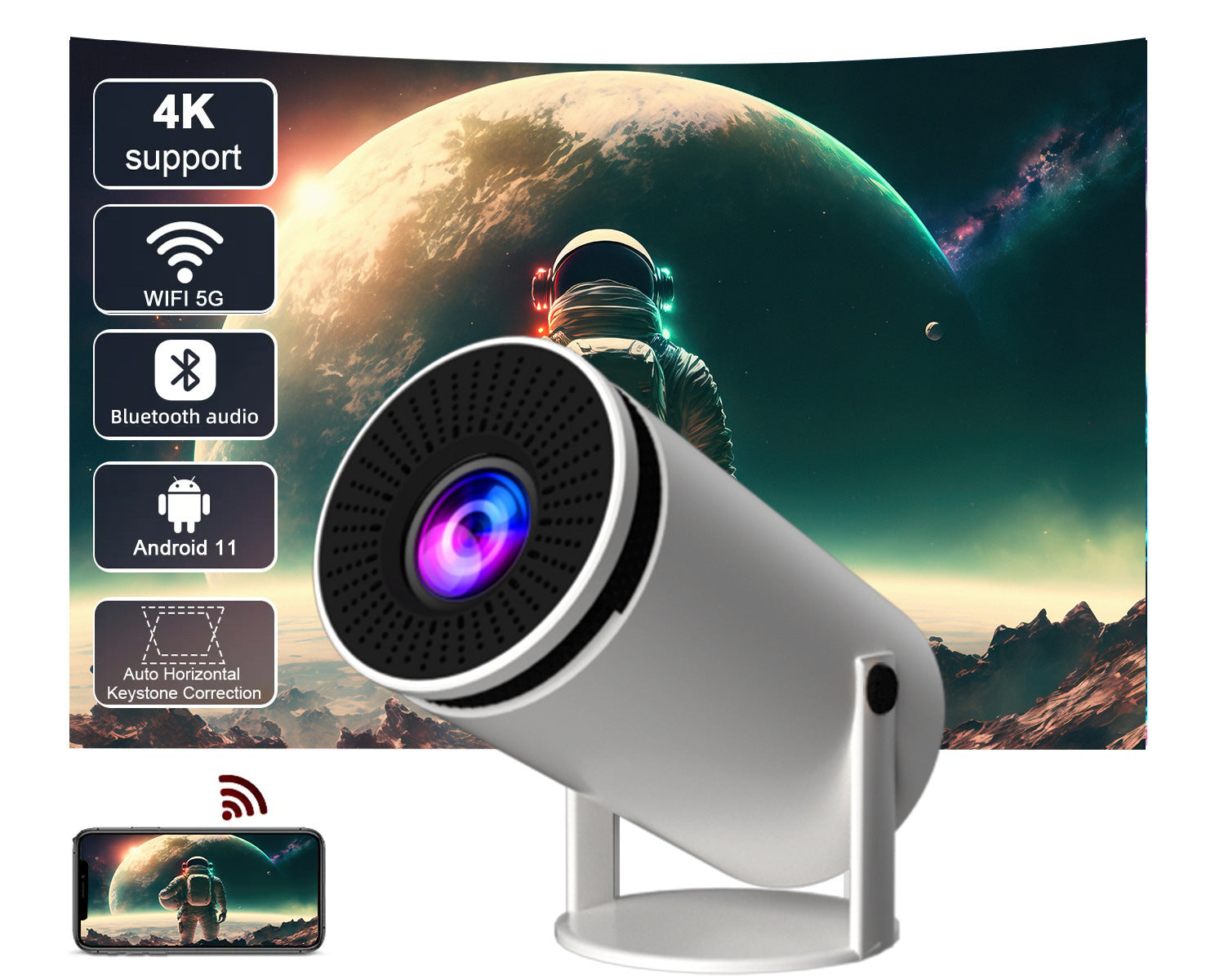 Projector with 4K support and wireless connectivity features displayed against a space-themed backdrop.