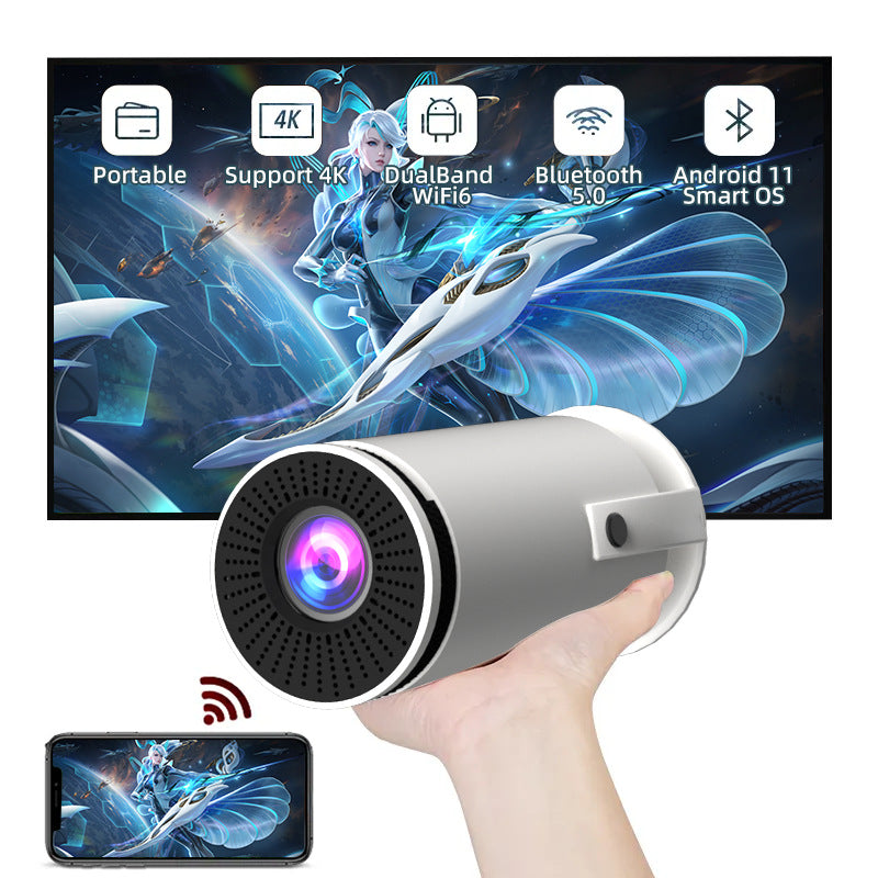 Hand holding a cylindrical device with screen displaying graphics and text on a white background