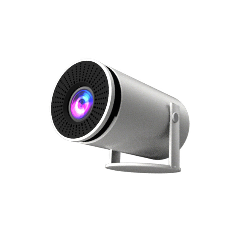 Projector with a colorful lens on a white background