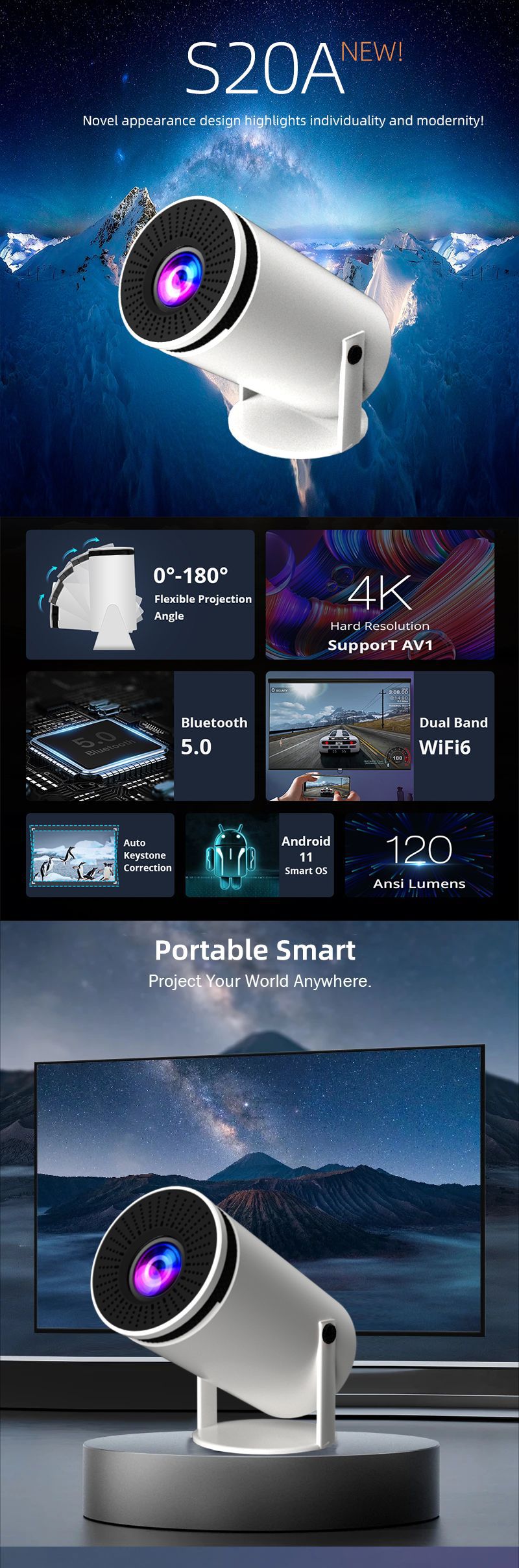 Portable smart projector with features highlighted on a blue background