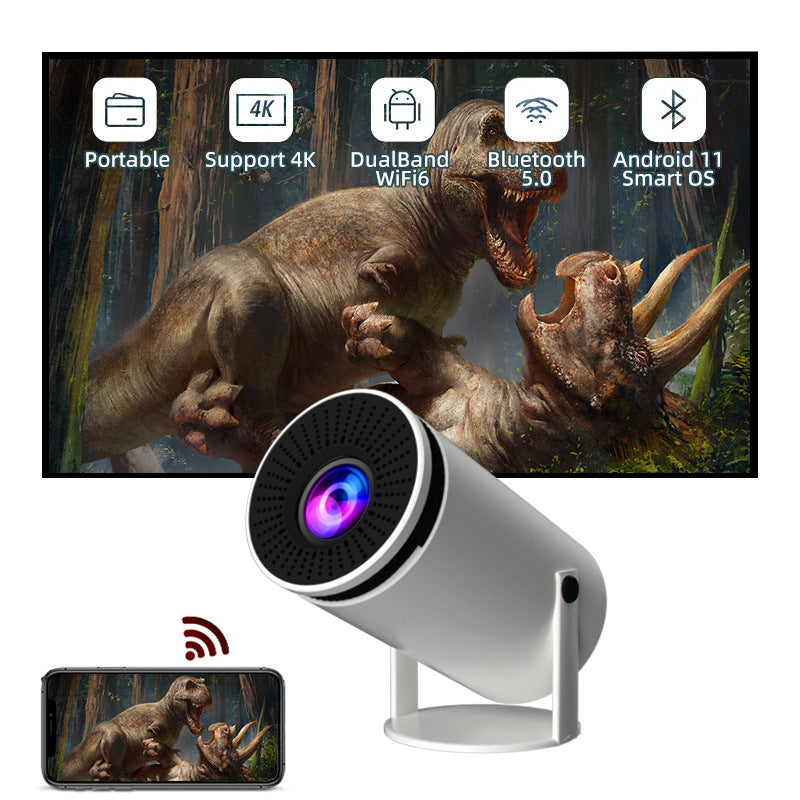 Portable device with screen displaying dinosaurs, featuring 4K support and Android 11 OS.