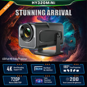 Video projector with space-themed background and feature highlights.