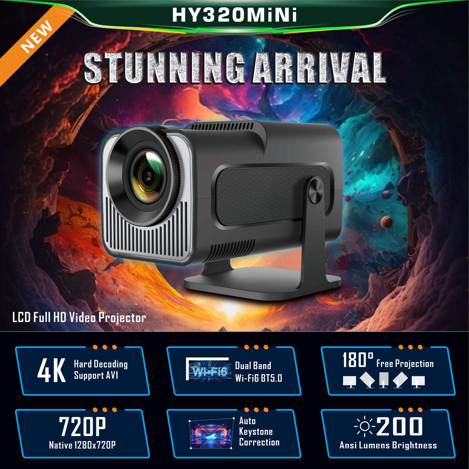 Video projector with space-themed background and feature highlights.
