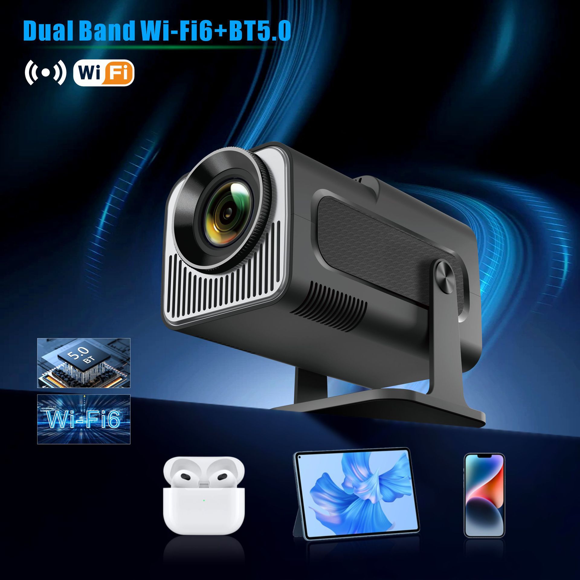 Black projector with Wi-Fi and Bluetooth symbols on a dark background