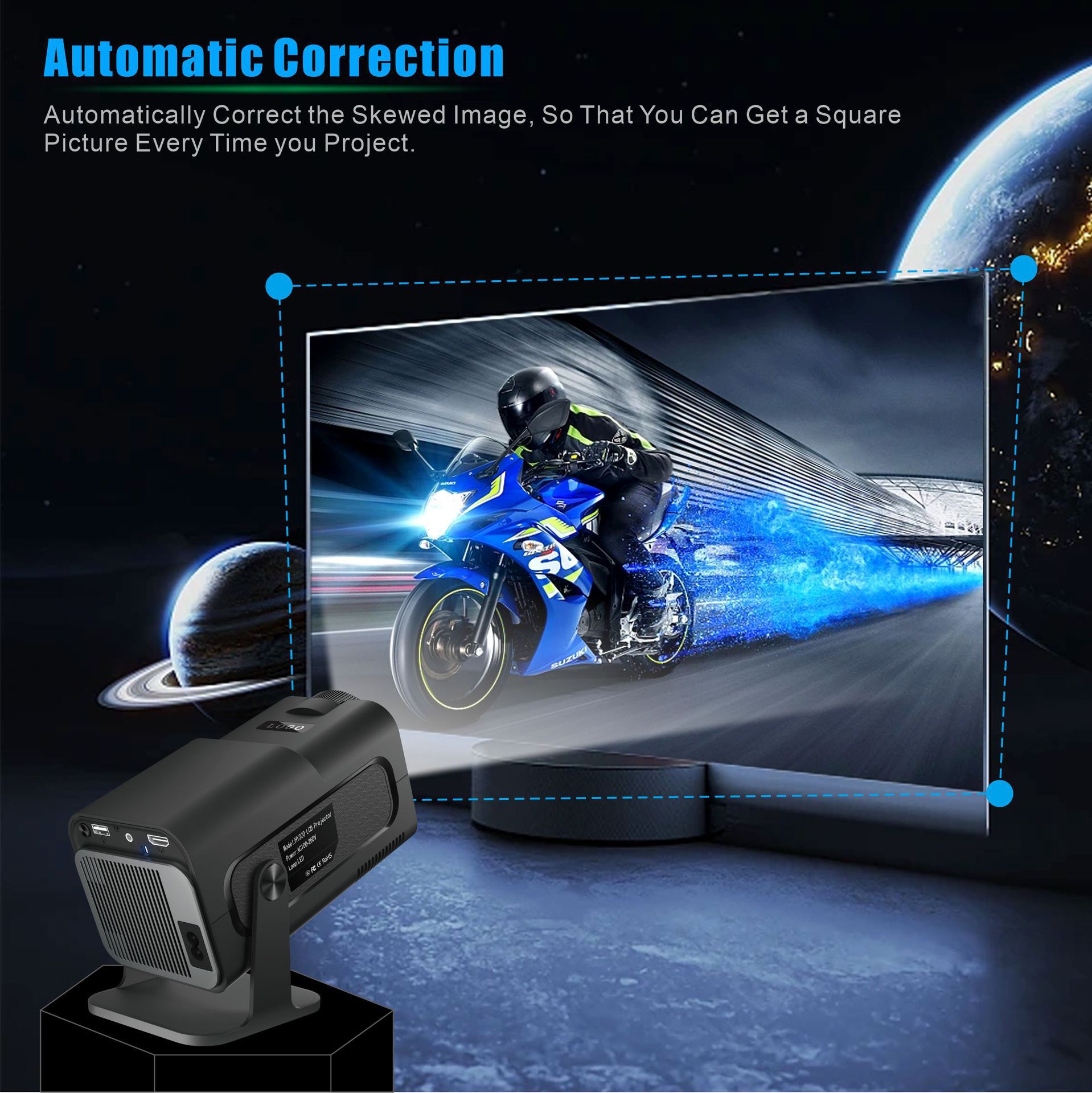 Projector displaying a motorcycle on a screen with automatic correction feature highlighted.