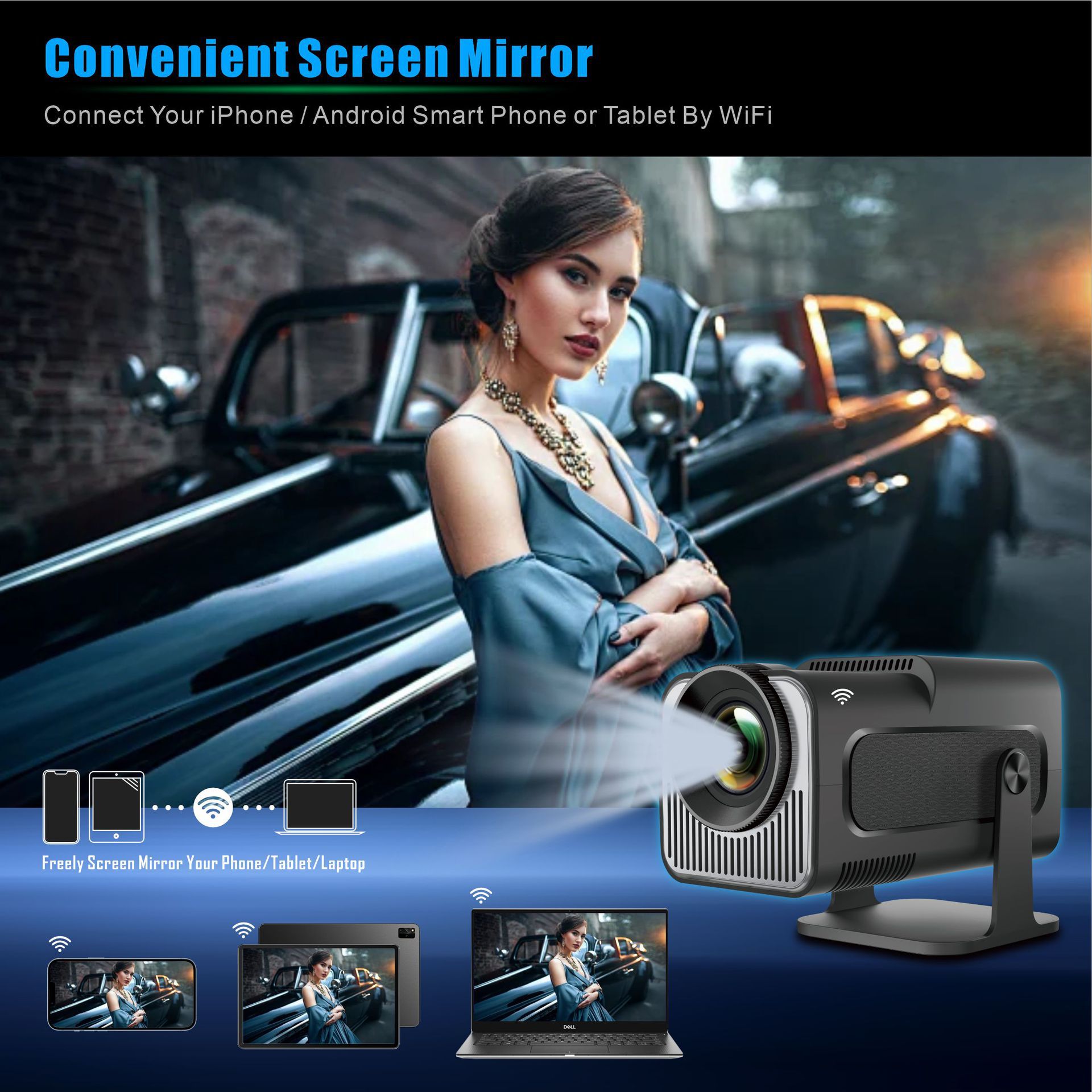 Woman standing in front of a car with a screen mirroring projector displayed below.