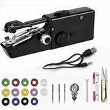 Black handheld sewing machine with accessories on a white background