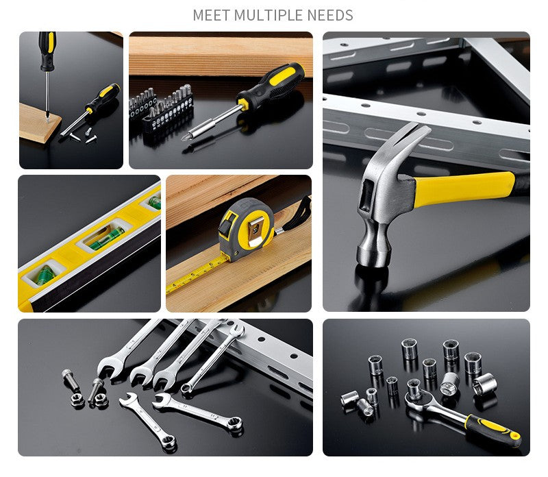 Collage of various tools including screwdrivers, a hammer, wrenches, and nuts on a dark background.