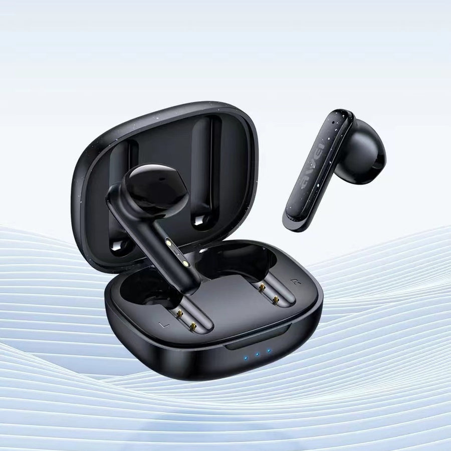 Black wireless earbuds with charging case on a light blue background