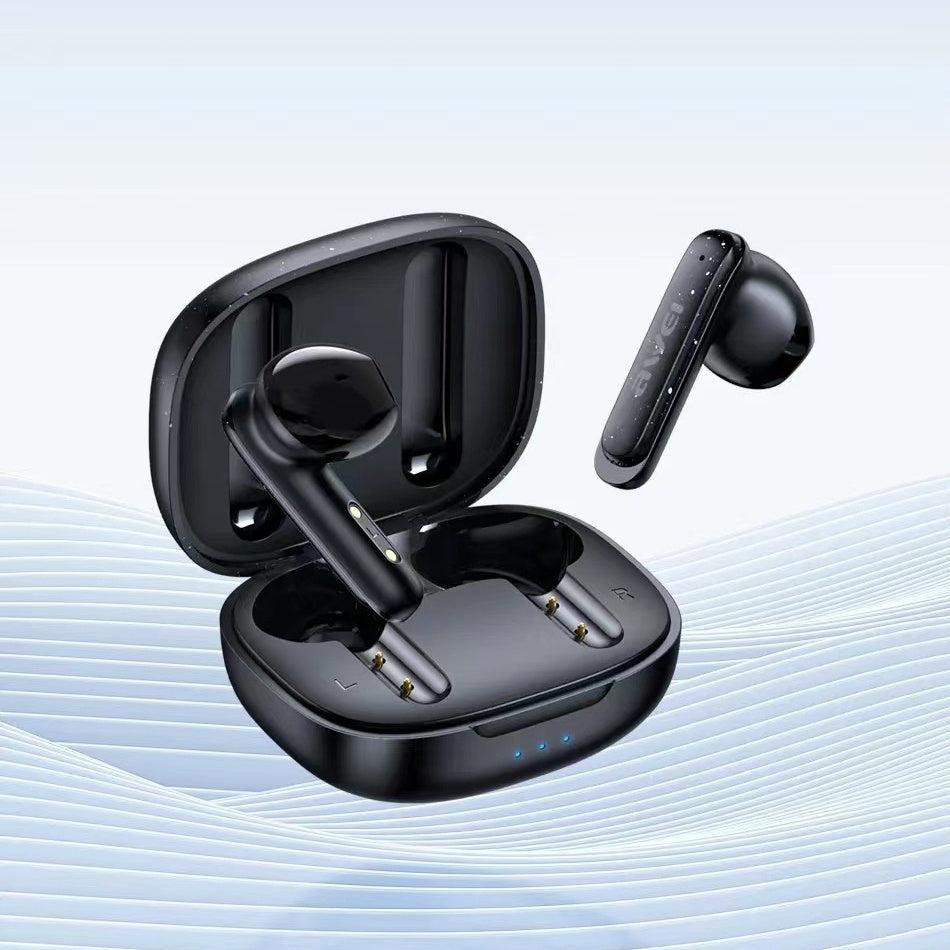 Black wireless earbuds with charging case on a light blue background