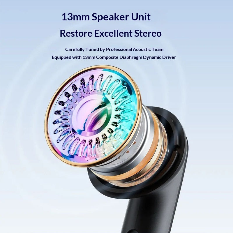 Speaker unit with colorful interior and text on a light blue background