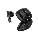 Black wireless earbuds with charging case on a white background