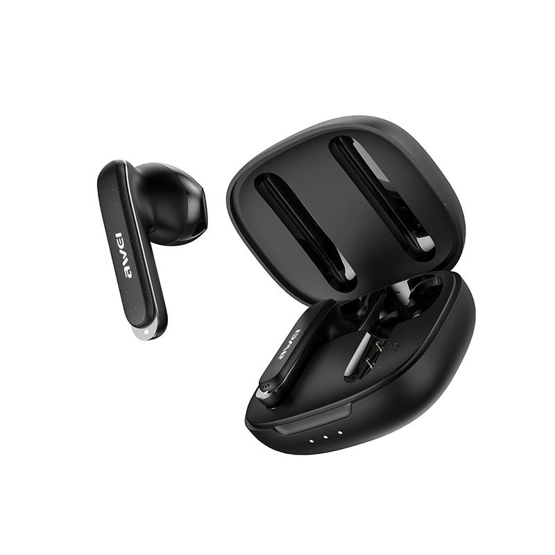 Black wireless earbuds with charging case on a white background