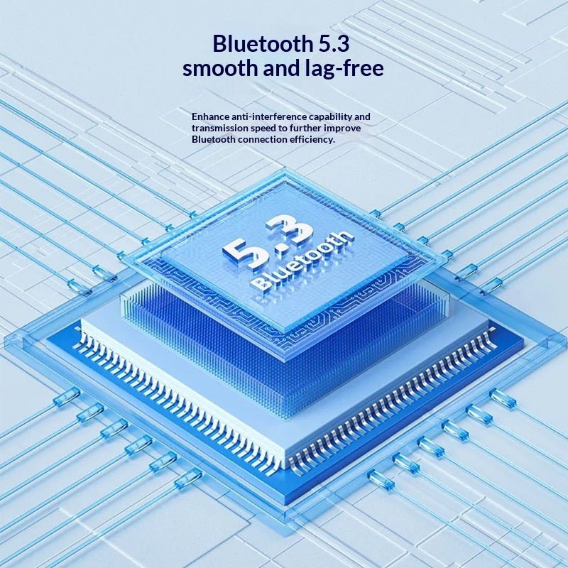 Illustration of a Bluetooth 5.3 chip with text on a blue background