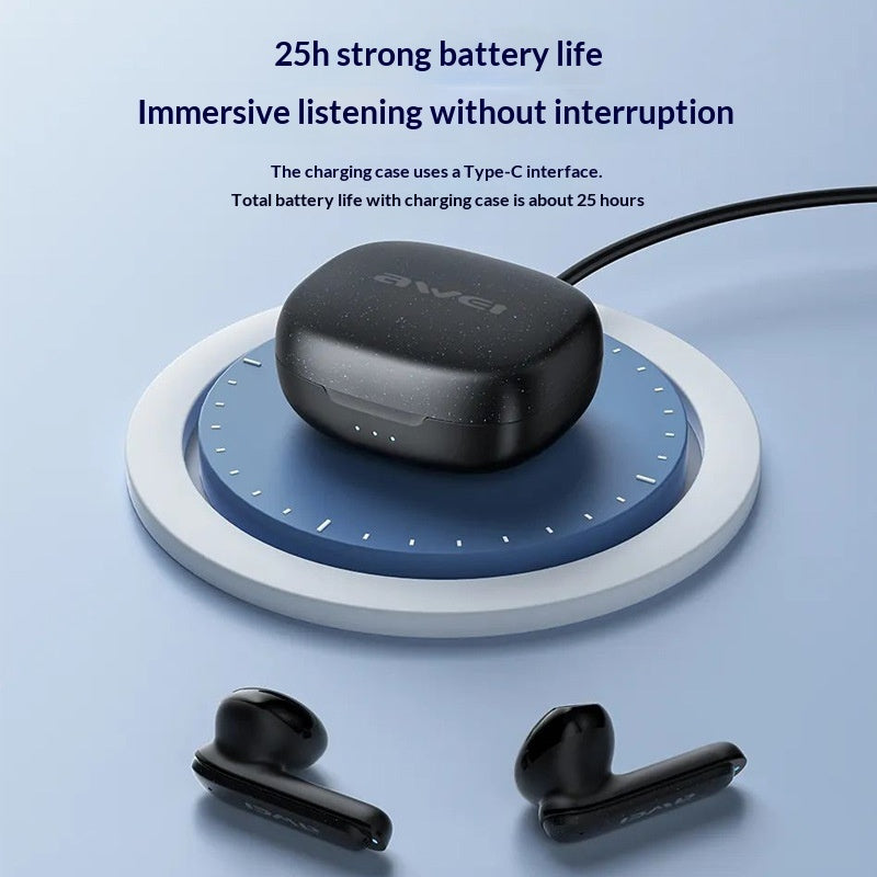 Black wireless earbuds with charging case on a blue background, featuring text about battery life and interface.