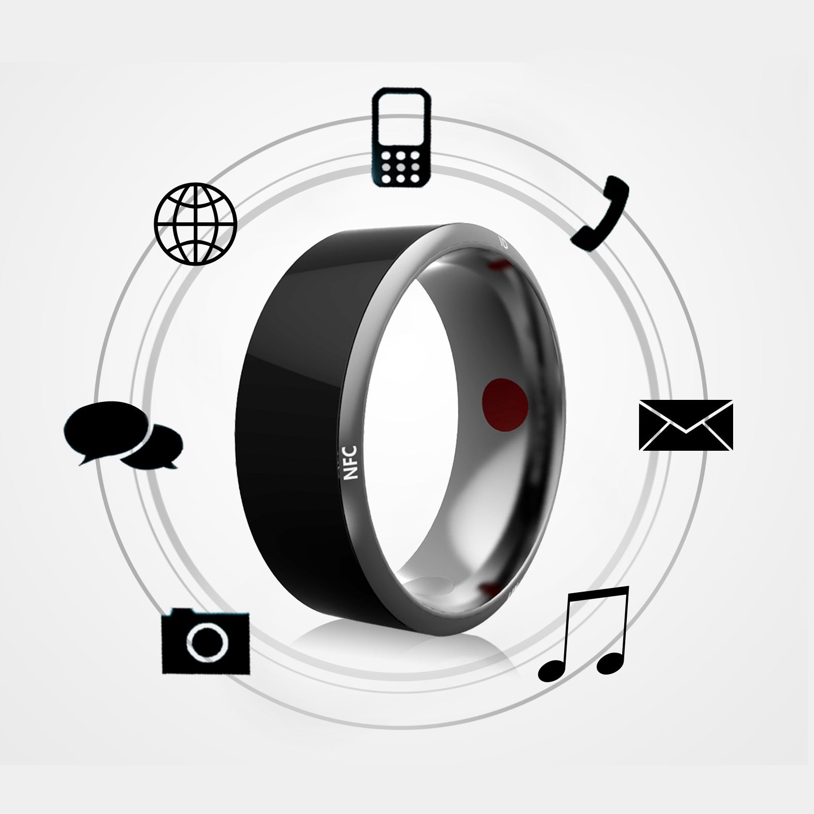 Smart ring with various function icons on a light gray background