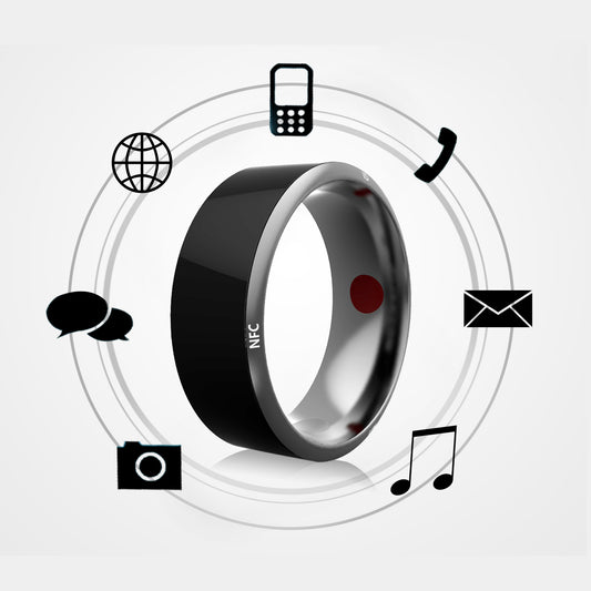 Smart ring with various function icons on a light gray background