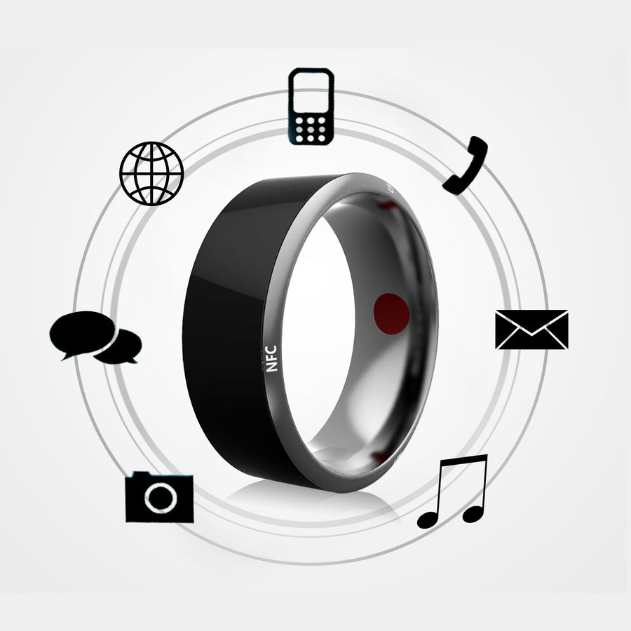 Smart ring with various function icons on a light gray background