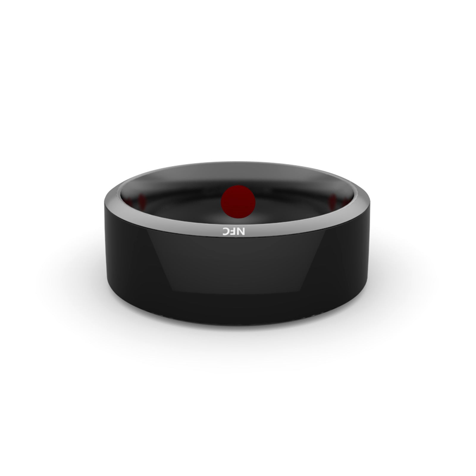 Black ring with a red dot and 'NE' logo on a white background