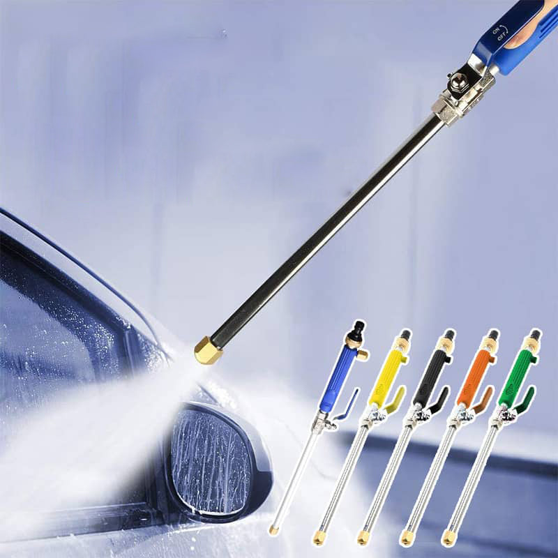 Car wash tool with extendable handle and color-coded nozzles, used on a car.