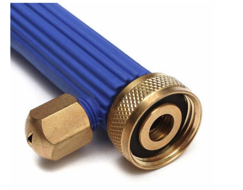 Blue hose with brass fitting on a white background