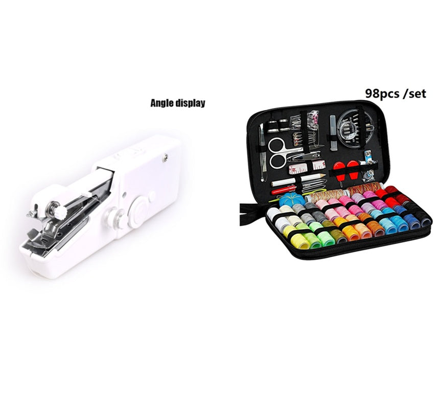 Sewing kit with colorful spools of thread and sewing tools on a white background