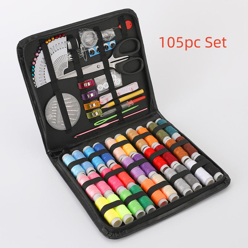 105-piece sewing kit with colorful threads and tools on a white background