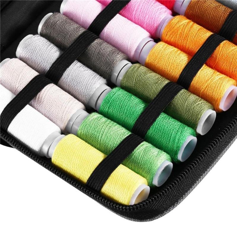Set of colorful spools of thread in a black case