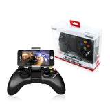 Black Bluetooth game controller with smartphone display and packaging on a white background