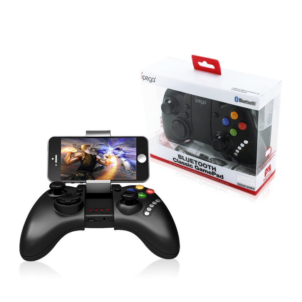 Black Bluetooth game controller with smartphone display and packaging on a white background