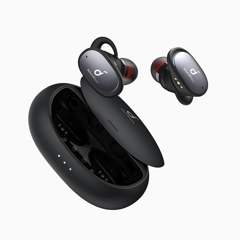 Black wireless earbuds with charging case on a white background